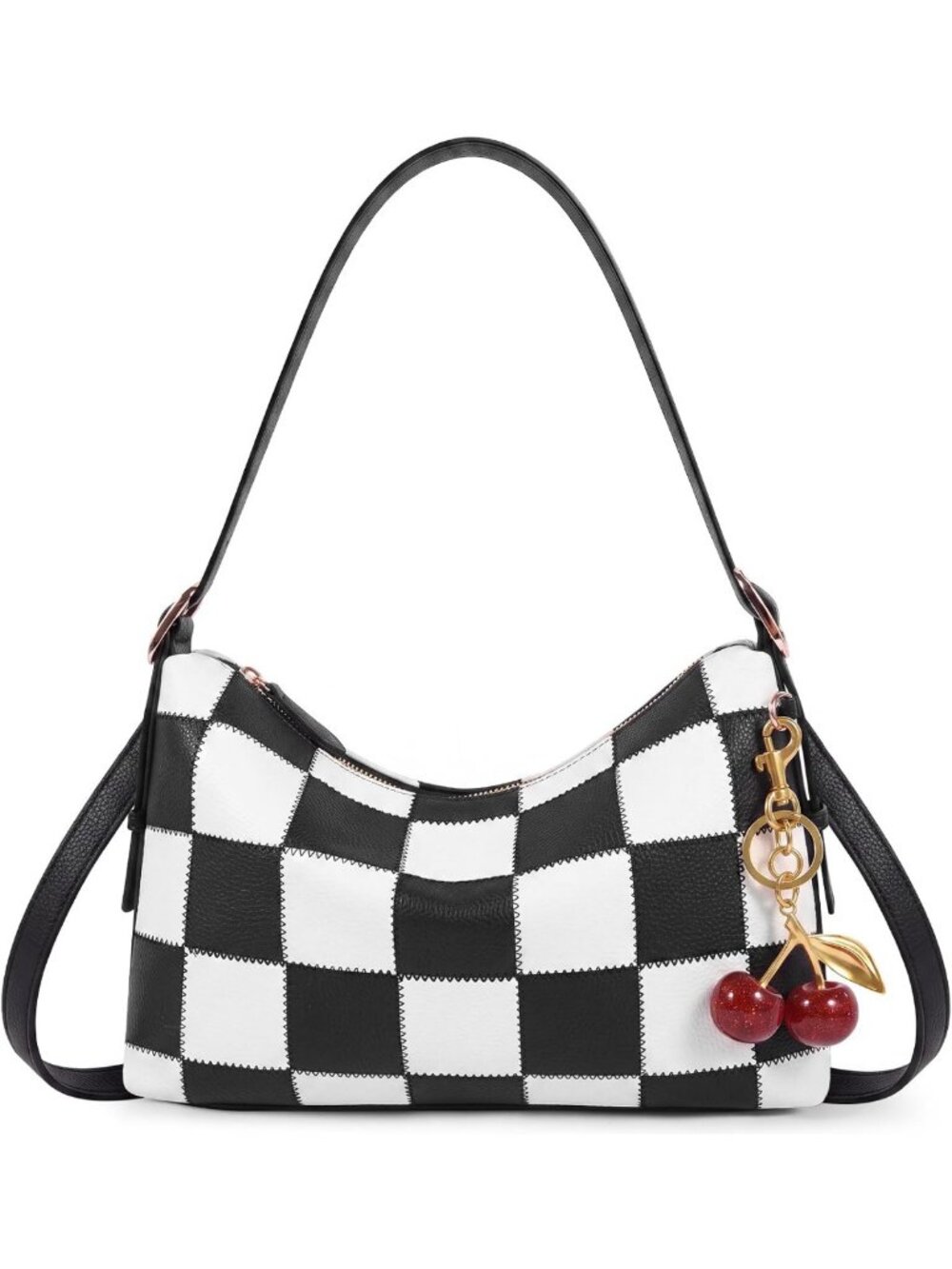 Cute Checkered Vegan Leather Hobo Bag for Women - Cherry Shoulder Purse